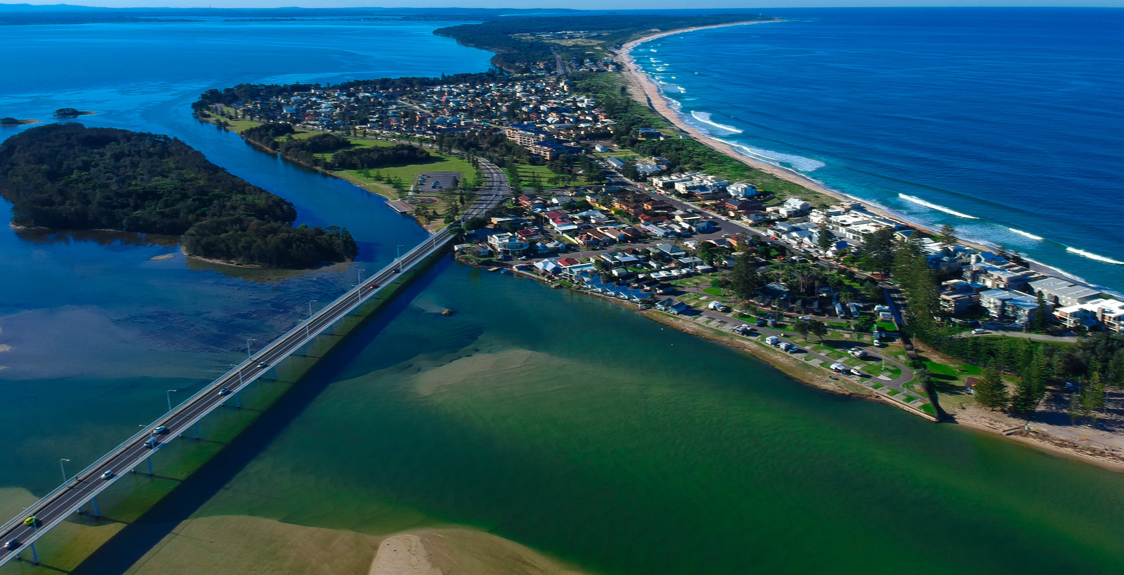 An aerial view of The Entrance ocean on the Central Coast